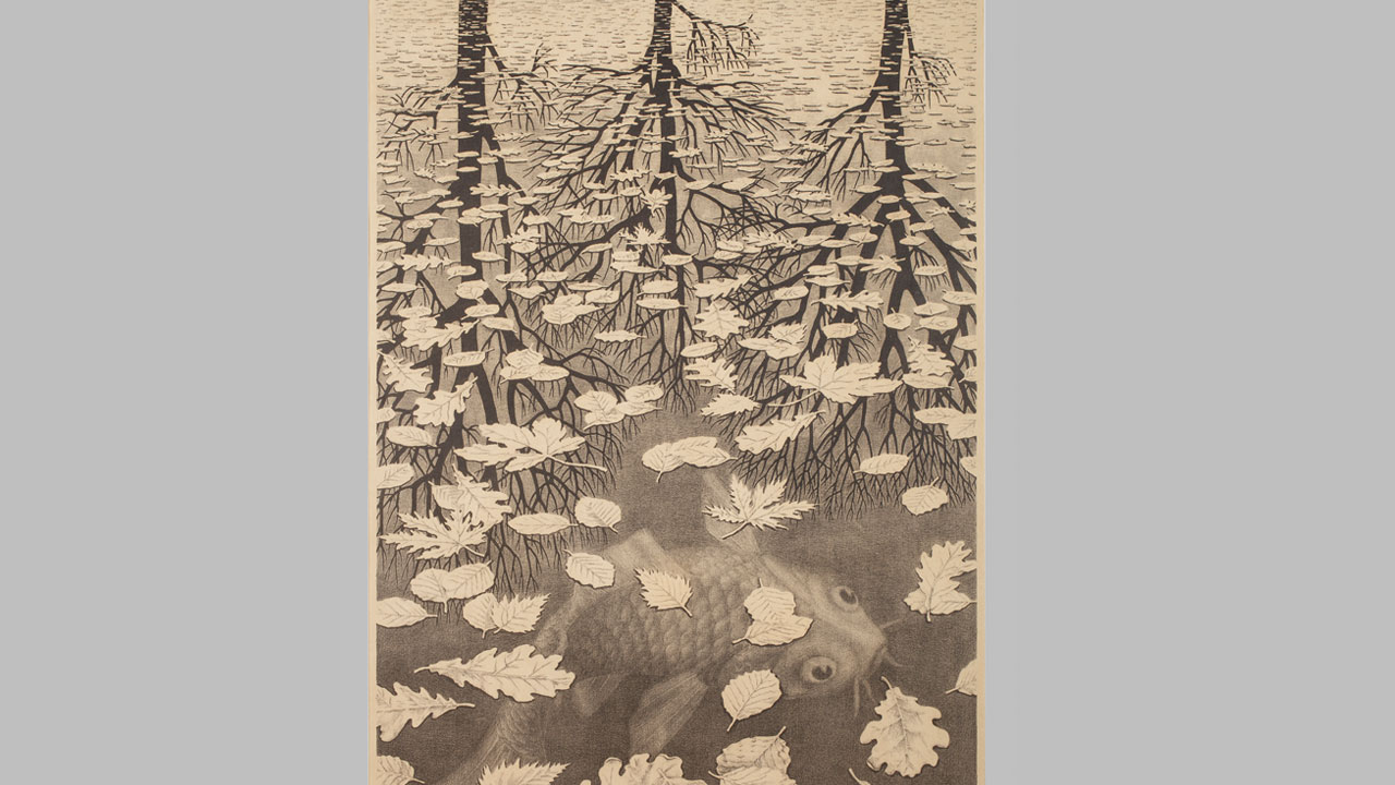 Lithografie ‘Drie werelden’ van M.C. Escher