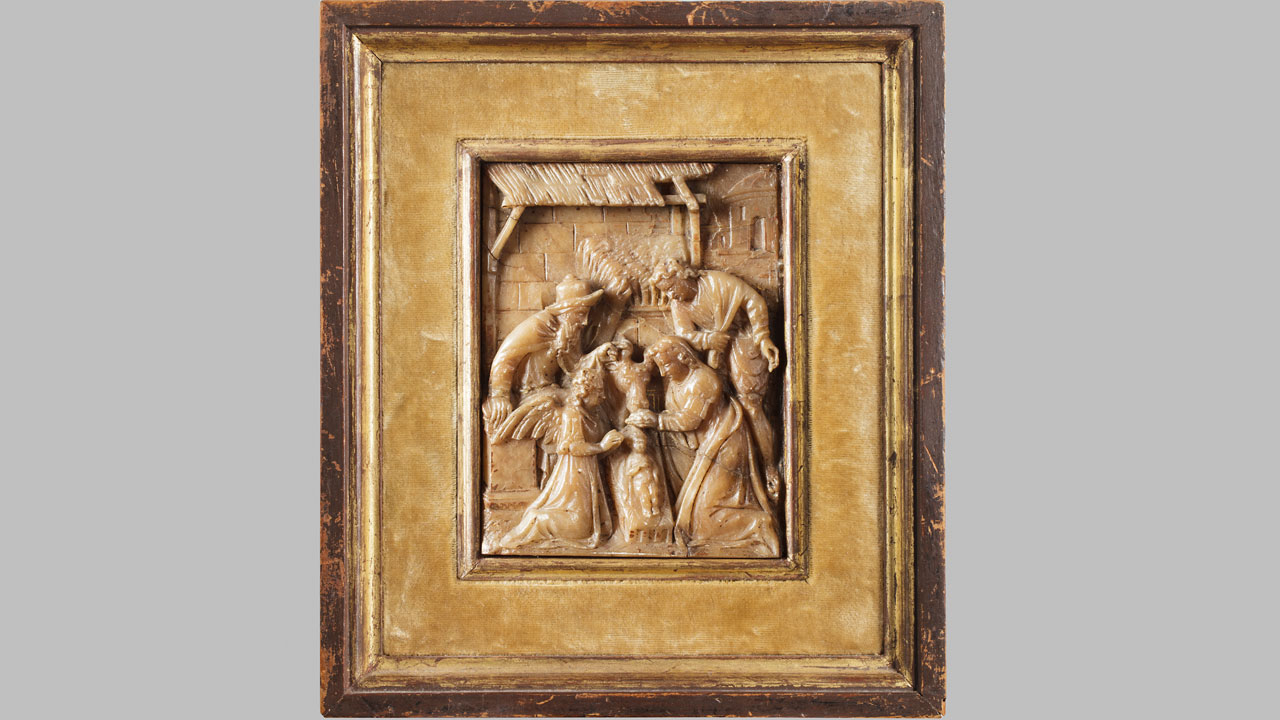 Albasten reliëf - geboorte van Christus met Jozef, Maria en herder